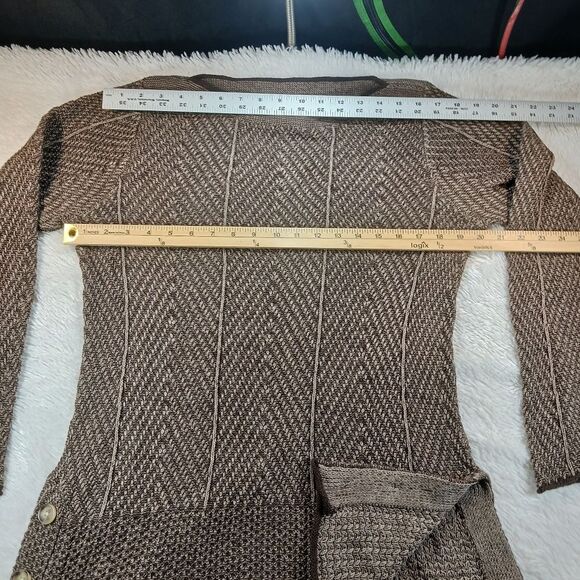 Herringbone Bodycon Knit Sweater Brown Boat Neck Accent Buttons Women's L Cotton - Picture 6 of 8